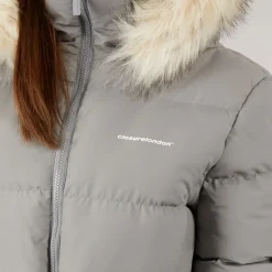 Dame justerbar talje dunjakke med imiteret pels hætte Charcoal