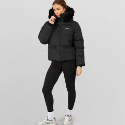 Dame justerbar talje dunjakke med imiteret pels hætte Sort