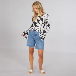 Dame Kendal Langærmet Bådudskæring Flared Top Sort Monokrom Blomst