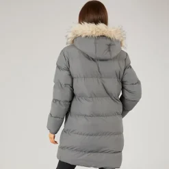 Dame Lang Frakke I Imiteret Pels Med Hætte Skifergrå