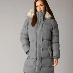 Dame Lang Frakke I Imiteret Pels Med Hætte Skifergrå