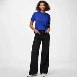 Dame Ria fold op ensfarvet t shirt Mazarine Blue