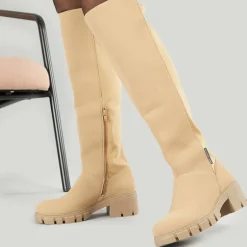 Dame Støvler Med Højt Skaft Og Stræk, Stenfarvet