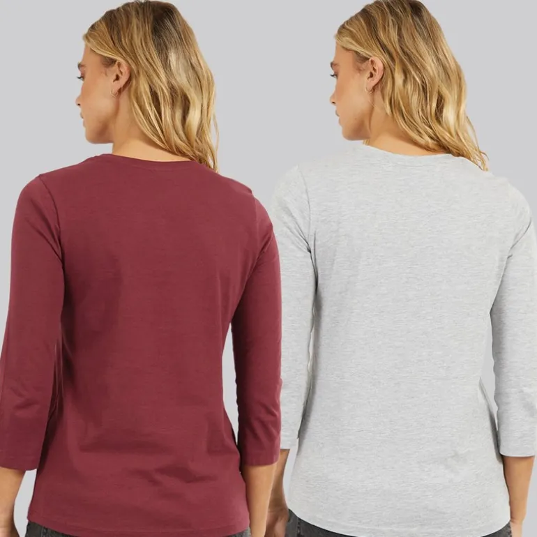 Dame To Pak 3/4 Ærme T-shirts Cordovan Grå Melering