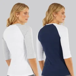 Dame To Pakke 3/​4 Ærme T-Shirts Hvid Marineblå
