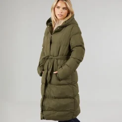 Dame Vindtæt Lang Pufferjakke Khaki