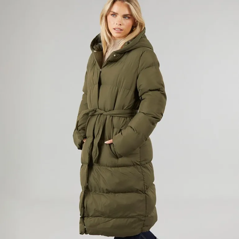 Dame Vindtæt Lang Pufferjakke Khaki