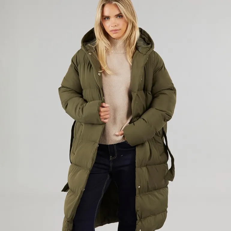 Dame Vindtæt Lang Pufferjakke Khaki