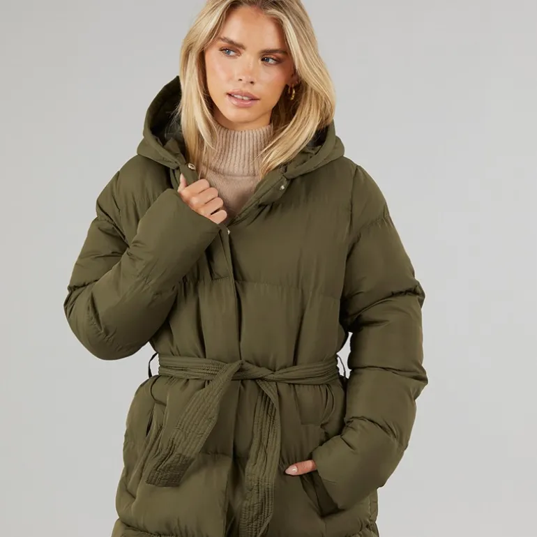 Dame Vindtæt Lang Pufferjakke Khaki