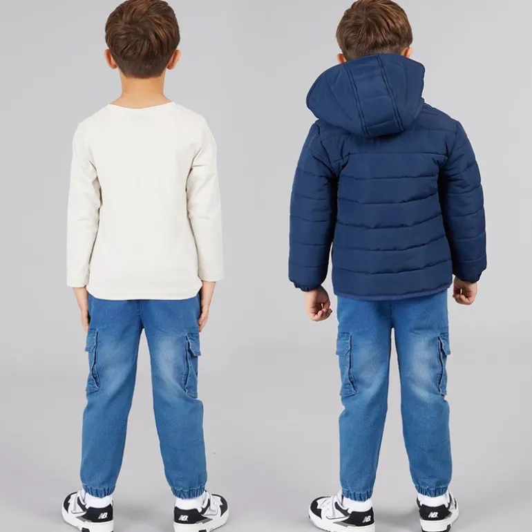 Drenge dunjakke t-shirt og jeans sæt blå