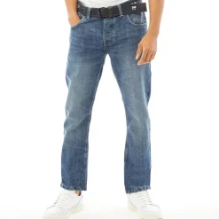 Herre Jeans med nyt præget Techno-look, lige pasform, stenvaskede