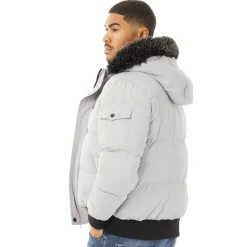 Herre kort dunjakke med pelshætte Isgrå