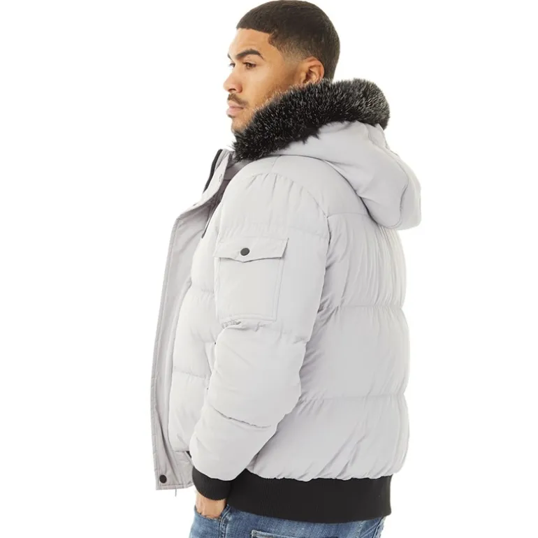 Herre kort dunjakke med pelshætte Isgrå