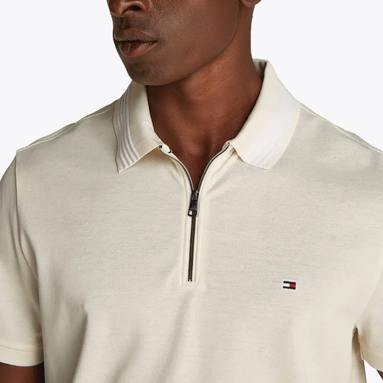 Herre Merceriseret Pique Polo med Lynlås Ivory Petal