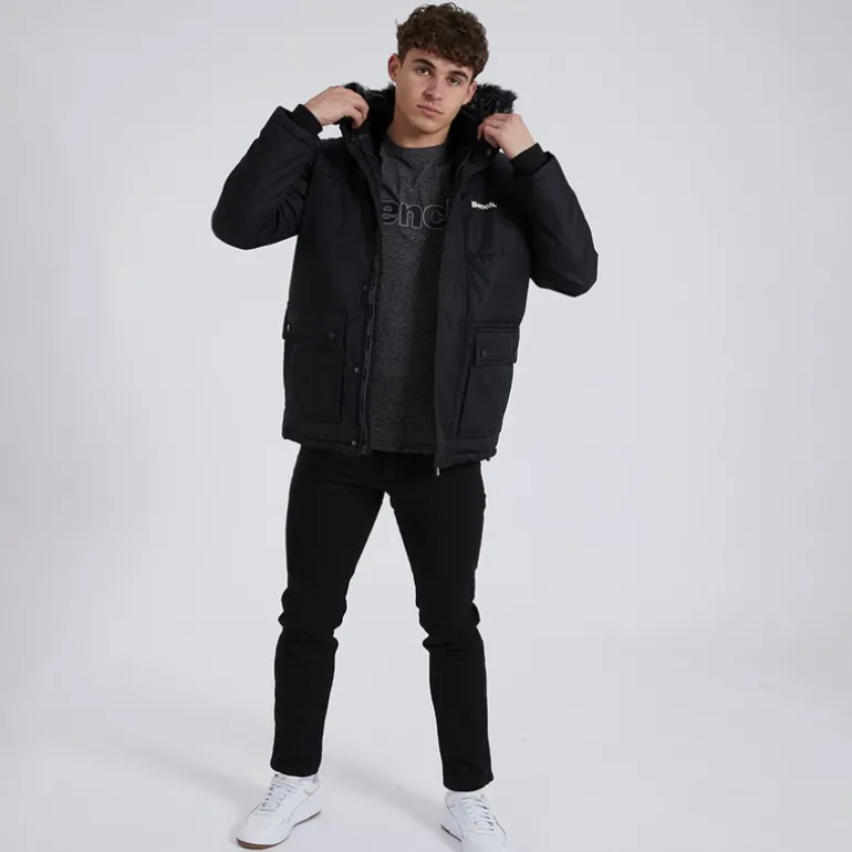 Herre Tillor Pelsforet Hætteforsynet Vatteret Ripstop Parka Sort