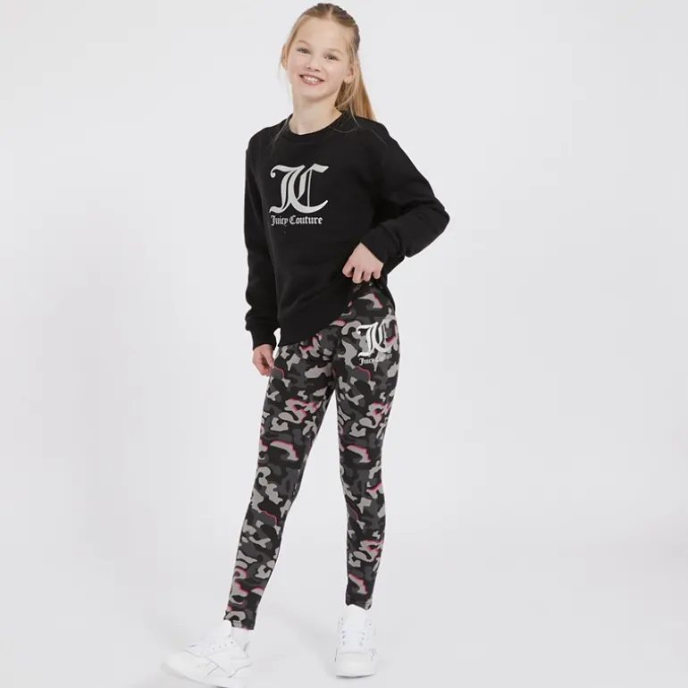 Piger Oversized Crew Sweatshirt og Abstrakt Leggings Tracksuit Sæt Sort