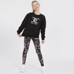 Piger Oversized Crew Sweatshirt og Abstrakt Leggings Tracksuit Sæt Sort