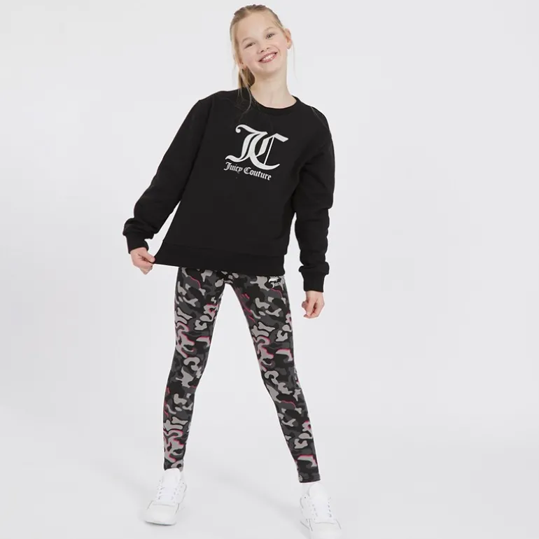 Piger Oversized Crew Sweatshirt og Abstrakt Leggings Tracksuit Sæt Sort